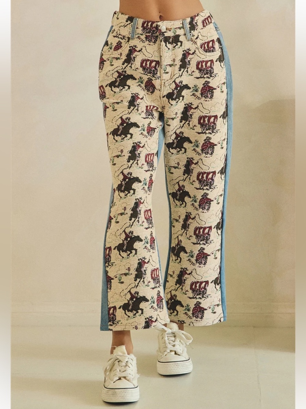 Printed Two-Tone Cowboy Graphic Straight Jeans - Cream & Blue - Picture 2 of 4